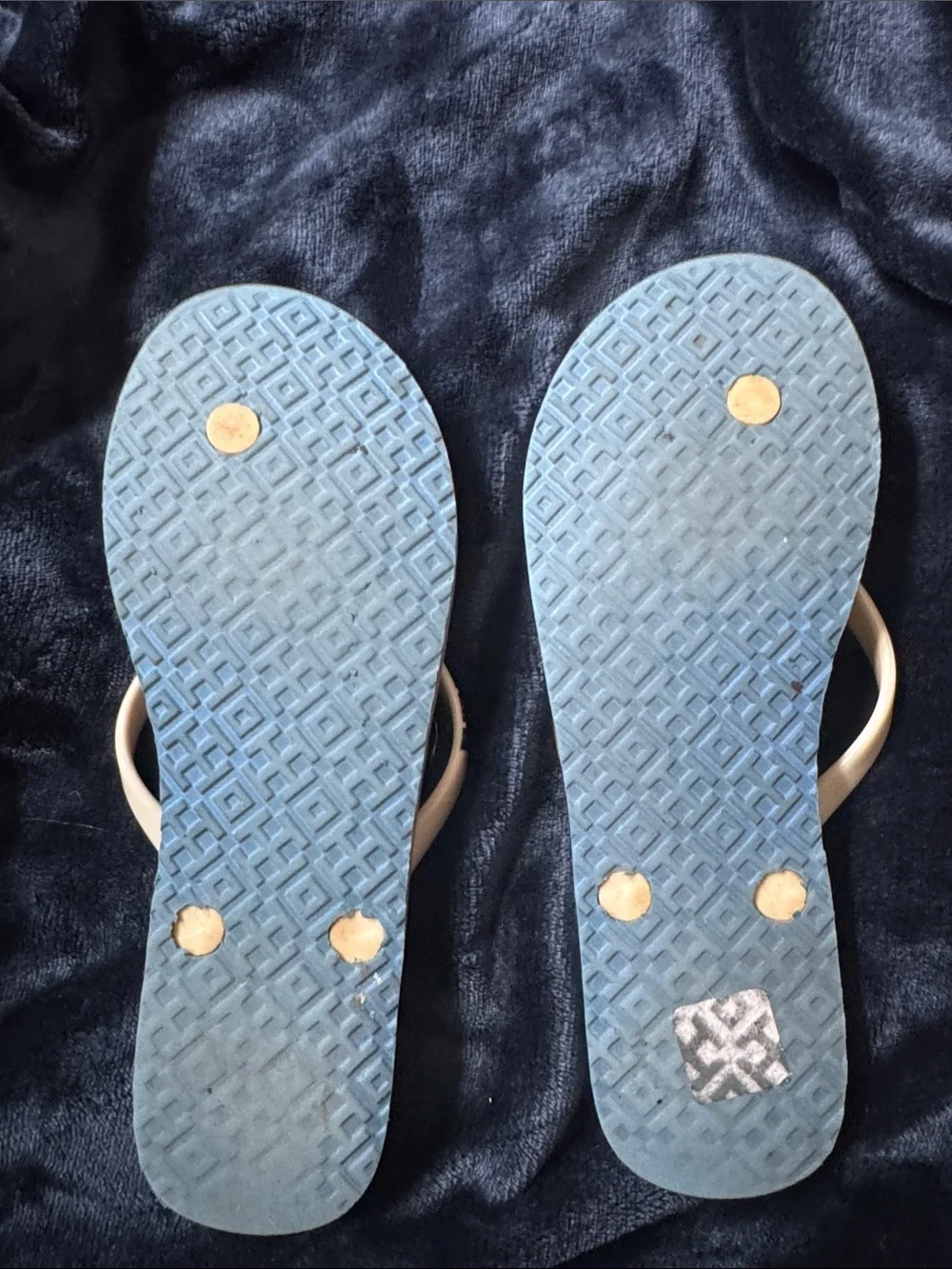 Tory Burch Blue, Cream and Red Geometric Logo Flip Flops